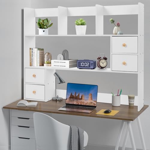 Desk Organizer with Drawers Desk Shelf Desk Hutch Tabletop Shelf with Drawers Desktop Hutch with Storage Desktop Bookshelf for Home Office Dorm Wood (39.4x6.7x31.5in) - Image 4