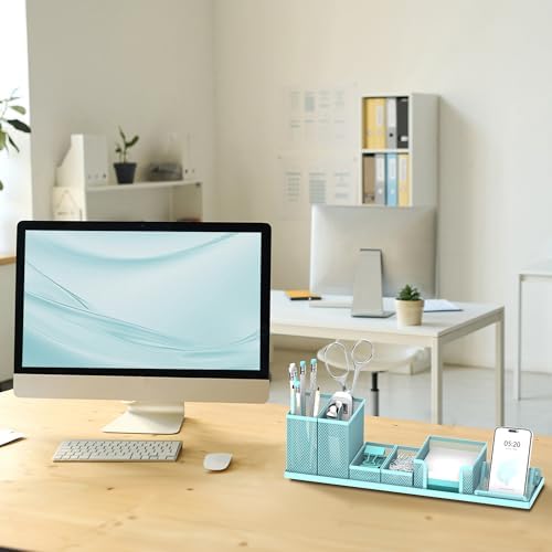 Pen Holder for Desk, 6-Piece Mesh Desk Organizer with Phone Holder, Blue - Image 6