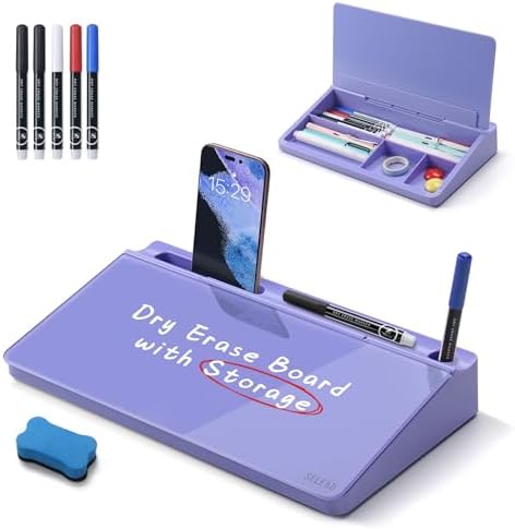 SELEAD Desktop Glass Whiteboard with Storage, 5 Markers and Eraser, Purple by SELEAD