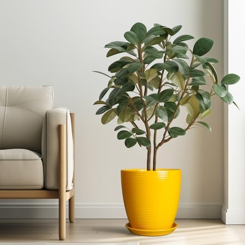 10 Inch Plant Pot - Ceramic Pot for Plants Outdoor Planter for Indoor Plants Large Plant Pot with Drainage Hole and Saucer Round Flower Pot for Home Patio Office Yellow - Image 2