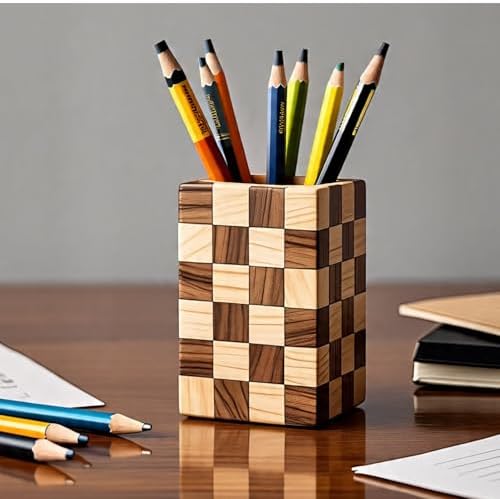 Wood Pen & Pencil Holder for Desk, 2 Pack – Brush Caddy (Mosaic Pattern) - Image 3