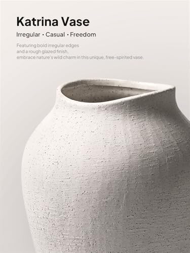 White Ceramic Vase - Large 11.8 Inch Tall Floor Vase for Centerpieces, Farmhouse Flower Vases, Rustic Minimalist Home Decor for Living Room, Enterway, Wedding (Sandstone White) - Image 4