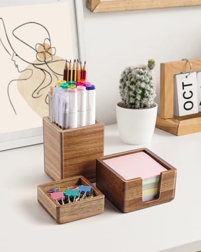 Acacia Wood Desk Organizer Set with Sticky Note Holder, Pencil Pen Cup & Paper Clip Storage, Office Desk Accessories for Marker Craft (Set of 3) - Image 4