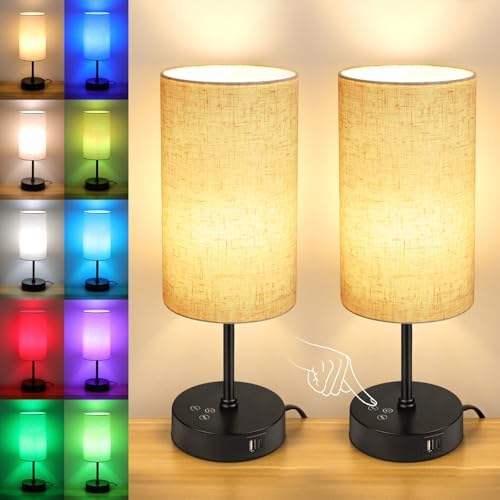 Unicozin Table Lamp Set of 2, 3 CCT 3000K/4500K/6500K & RGB Color Changing, Stepless Dimmable Small Bedside Lamp for Reading, Ambience Nightstand Light for Home Decor Party, Beige Shade by Unicozin
