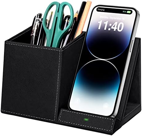 Pen Holder with Wireless Charger, Compatible with iPhone 17/16/15/14/13/12/11/8 Series, Pencil Holder Phone Stand for Desk Home Office, Men Gift Husband Wife Anniversary Dad Birthday Idea Gadget by wirelessfuturecharger