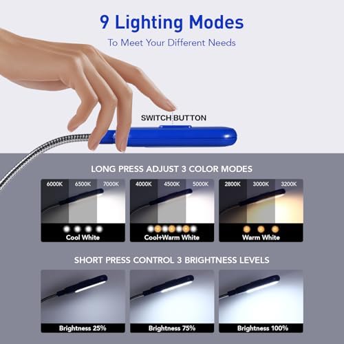 VAVOFO Rechargeable Book Light for Reading in Bed Kids, 7 LED Reading Light with 9-Level Warm Cool White Daylight, Eye Care Lamp with Power Indicator for Bookworms (Royal Blue) - Image 3