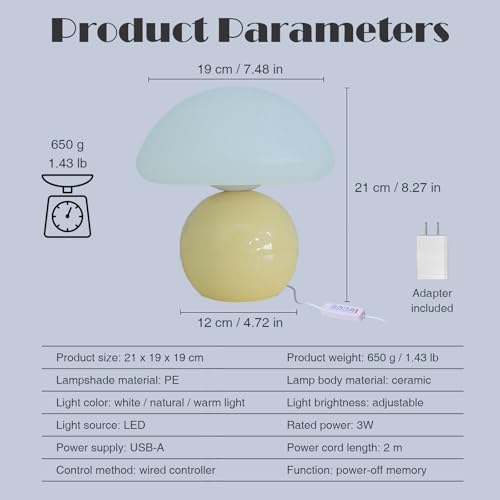 Cute Small Mushroom Lamp, PE Lampshade, Ceramic Base, Adjustable Light Color and Brightness with Power-Off Memory, Safe USB Powered, LED Mushroom Light for Bedroom Living Room (Yellow) - Image 6