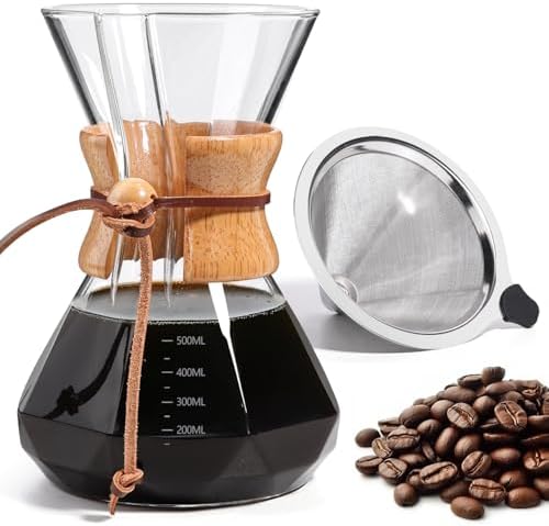 Pour Over Coffee Maker 20 OZ, 6 Cup Borosilicate Glass Drip Coffee Maker with Reusable Stainless Steel Filter and Cork Grip for Home Café 600 ML (Diamond Shape) by Yopinmall