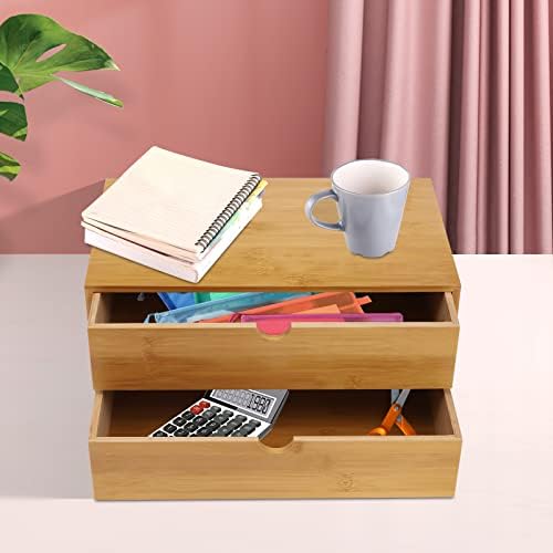Bamboo Desk Organizer, Wood Desktop Storage Box for Office Supplies, Cosmetics, Stationery, No Assembly Desktop Organizers and Accessories for Home, Office, Study Table (2 Drawers) - Image 5