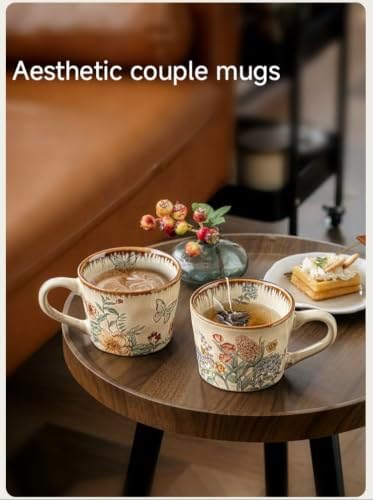 14OZ Ceramic Latte Mug, Cute Love Of Butterfly Flower Coffee Mug For Women With Lid And Spoon, Retro Floral Cup For Green Tea OR Coffee,Hand Painted Floral Design Pottery Cute Mug - Image 6