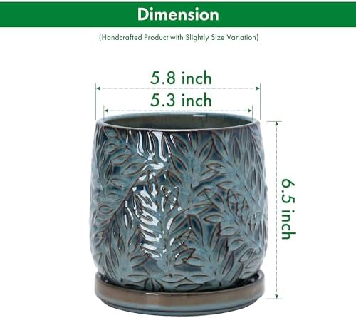 D'vine Dev Embossed Leaves Ceramic Planter, 6 in, Ocean Teal, 27-A-X-8 - Image 3