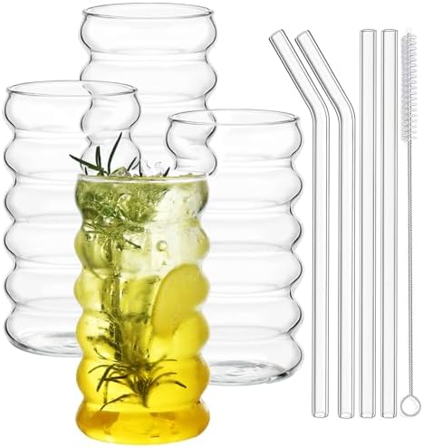 ALINK Ribbed Drinking Glass Cups with Straws Set of 4, 16 oz Aesthetic Iced Coffee Glasses, Wave Bubble Tumbler, Ripple Glassware, Beer Glasses for Coctail, Milk, Soda, Gift with Brush by ALINK