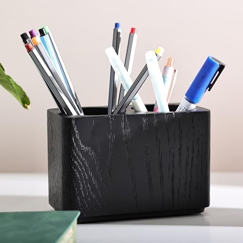 Oak Solid Wood Pen &Pencil Holder for Desk, Office Stationery Organizer, Table Pencil Cup Stand,Desk Accessories Holder, Two Cups Practical Design. (Char Black) - Image 4