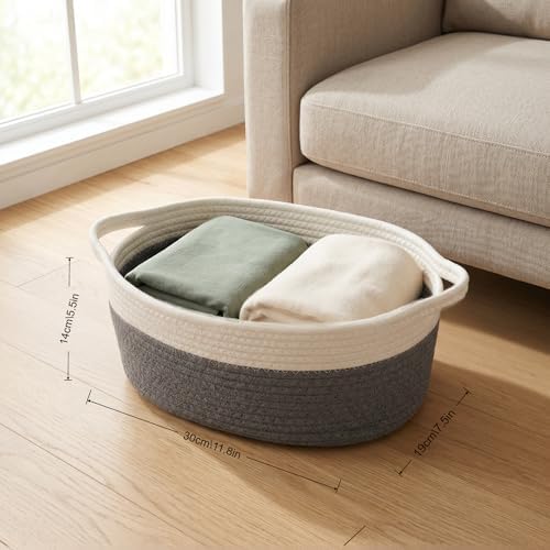 Small Cotton Rope Basket - White Woven Storage Basket with Handles, Desktop Organizer for Keys, Remotes, Makeup, Soft Decorative Bin for Bathroom, Office Shelf (White/Dark Gray) - Image 3