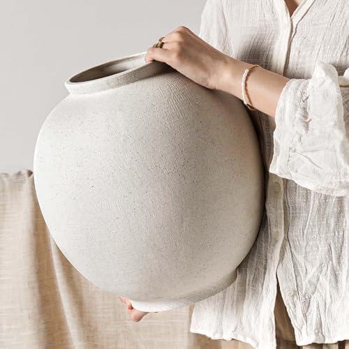White Ceramic Vase - Large 13.5 Inch Round Floor Vase for Centerpieces, Farmhouse Flower Vases, Rustic Minimalist Home Decor (Sandstone White) by LETAUCIGARDEN