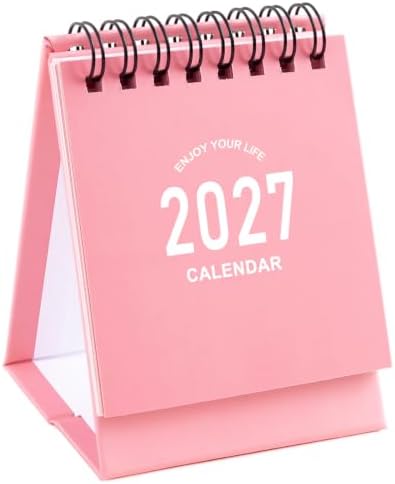 Mini Desk Calendar 2027-2028 - Jan 2027 to June 2028 Small Desktop Calendar Mini Daily Schedule Thick Paper Twin-Wire Binding with Stickers for Home Office School (Mini Pink) by Stiamvd