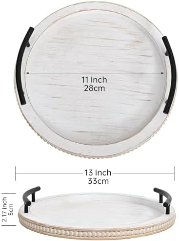 SwallowLiving White Wooden Beaded Serving Tray with Handle Decorative Rustic Whitewashed Tray for Coffee Table Farmhouse Round Tray for Kitchen, Living Room and Bedroom - Image 4