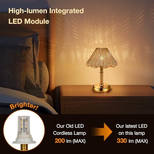Mini Cordless Boho Rattan Table lamp, 5200-mAh Rechargeable Battery, 3-Level Brightness Dimmable, Build-in Integrated LED 320 Lumen Max, Rattan Shade, for Bedside Restaurant Dining Table - Image 5