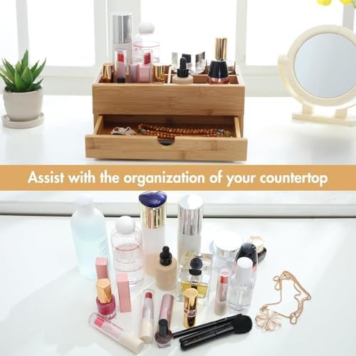 GOBAM Bamboo Makeup Organizer and Storage with Drawer, Wooden Cosmetic Organizer Countertop for Bathroom, Bedroom, Kitchen & Dresser, Desk Organizer with Drawers and Make up Vanity Station - Medium - Image 6