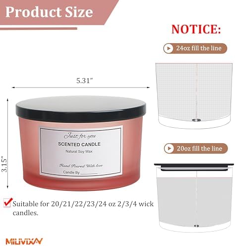 MILIVIXAY 6 Pack 24 oz Candle Jars with Metal Lids and Candle Making Kits - 3 Wick Candle Jar,Bulk Empty Matte Pink Thick Glass Jars for Making Large Candles - Spice, Powder Containers. - Image 2