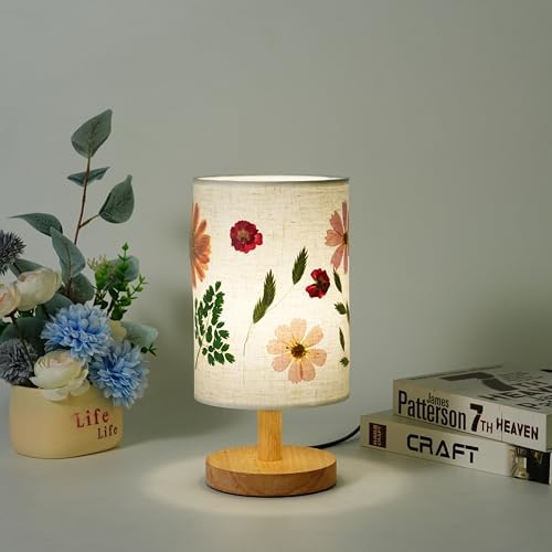 Decorative Table Lamp with Floral Shade Design, Wooden Base, Fabric Lampshade, Ambient Lighting for Bedroom, Living Room (Beige) - Image 5