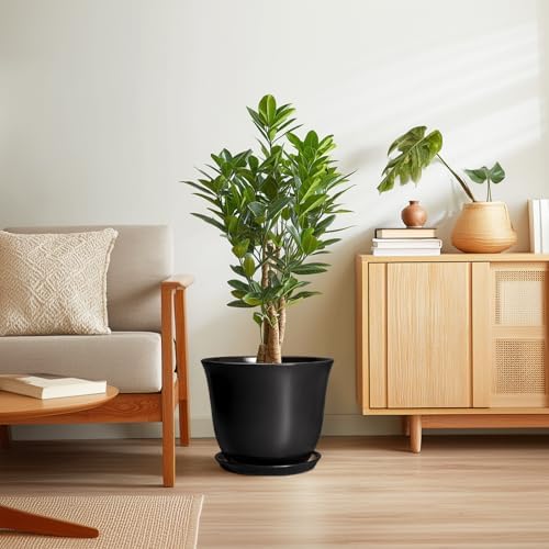 Ceramic Plant Pots - 12 Inch Plant Pot for Indoor Plants Outdoor, Large Planter with Drainage Hole and Saucer, Round Planters, Modern Flower Pot, Garden Patio Home Decor, Garden Gift, Black - Image 7