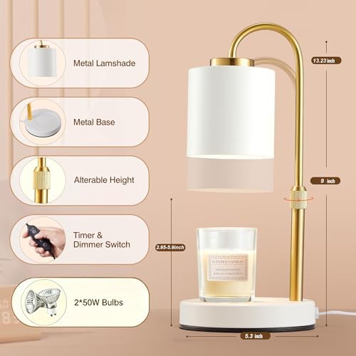 CASTLELIFE Dimmable Candle Warmer Lamp with Timer, Height Adjustable Candle Warmer for Jar Candles, Electric Wax Melt Warmer for Home Decor House Warming Gifts, Birthday Gifts for Women, White Gold - Image 2