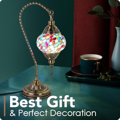 Yarra-Decor Turkish Moroccan Lamp with Bronze Base 3 Color Options Handmade Swan Neck Mosaic Glass Bedside Lamps for Bedroom (LED Bulb Included)(Colorful3) - Image 4