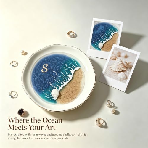 Handmade Ocean Resin Art Jewelry Tray – Premium Ceramic Ring Dish with Gold Edge, Artisan Beach Wave Jewelry Holder, Unique Decorative Trinket Tray for Vanity (S) - Image 4