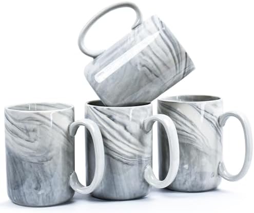 Coffee Mugs Set of 4,16 OZ Large Tea Cups, Grey Marble Ceramic Cup with Big Handle,Bulk Marble Diner Mugs Set for Latte, Beer,Cappuccino,Safe for Dishwasher, Microwave by NBABSR