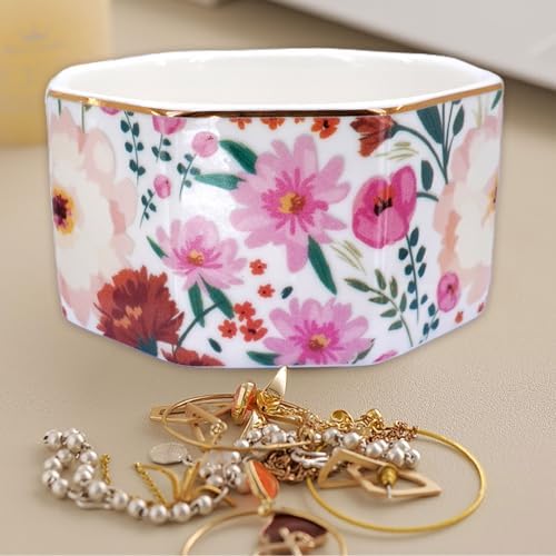 Ceramic Paper Clip Holder Gold Line Paper Clip Dispenser Organizer for Desk Cute Floral Pattern Office Binder Clip Holder Bobby Pin and Hair Clip Holder Gift for Office (White Pink) - Image 6
