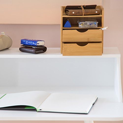 Relaxdays Desk Organiser, Bamboo Storage System for Organizing Your Office Desk with 2 Shelves and 2 Removable Drawers Storage Box for Letter Filing for Work, Natural Brown - Image 2