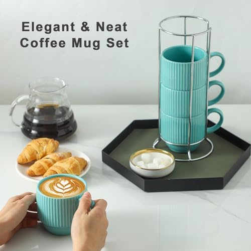 Hasense Coffee Mug 12 oz Set of 4 with Rack - Stackable Coffee Cups Ceramic, Modern Ribbed Latte Cup Sets for Cappuccino, Tea, Espresso, Hot Cocoa, Drinks - Dishwasher & Microwave Safe, Turquoise - Image 5