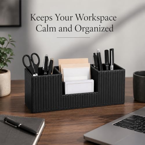 GORESE Pen Holder for Desk, PU Leather Desk Organizer for Office, Black - Image 2