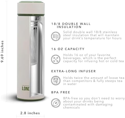 London Sip 16.9 oz Multi-Purpose Tea Infuser Mug – Fruit Infuser Water Bottle for Hot and Cold – Double Wall Stainless Steel Insulated, Safari Beige - Image 2