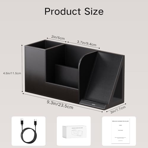 LADSTAG Pen Organizer with Phone Stand,Black Vegan Leather Desk Organizers with Remote Control Holder,Pencil Holder for Desk,Desk Organizer with Phone Charger for Office/Nightstand/Endtable - Image 4