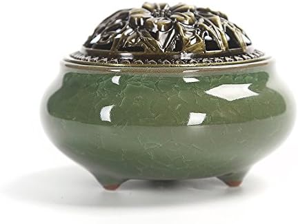 Colorful Ceramic Ice Cracked Incense Burner, Household Incense Holder, Zen Buddha Cone Coil Stick Incense Base with Cover (Green) by Yeehtech