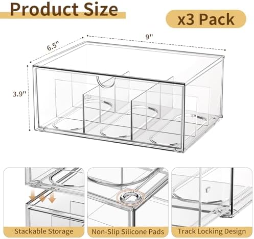 3 Pack Clear Tea Bag Organizer Drawer, Stackable Tea Storage Chest with Dividers for Kitchen, Pantry, Bathroom, Vanity, Countertop – Multi-Purpose Coffee, Cosmetic, Jewelry, Craft Acrylic Storage Bins - Image 2