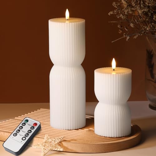 White Ribbed Flameless Pillar Candles with Remote Set of 2 by Girimax