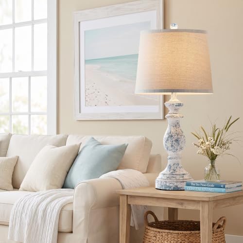 PARTPHONER Traditional Table Lamp Set of 2, Rustic Farmhouse Table Lamps for Living Room Bedroom, 27" Bedside Desk Lamps Vintage Nightstand Lamps with Linen Shades, Washed Blue - Image 5