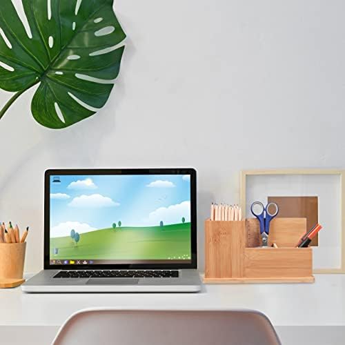 Relaxdays Bamboo Pencil Holder, Organiser for Desk, Bathroom and Office, 3 Compartments, Pen Box H x D: 14 x 24.5 x 14 cm, Natural, 90% 10% fibreboard, 14 x 24,5 x 14 cm - Image 2