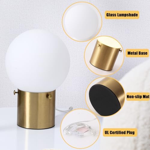 Somniferous Gold Table Lamps Set of 2, Small Bedside Lamps with Frosted Glass Globe Shade, Mid Century Modern Lamp, Nightstand Lamps for Bedroom Living Room Dorm, 7W LED Bulb Included - Image 4