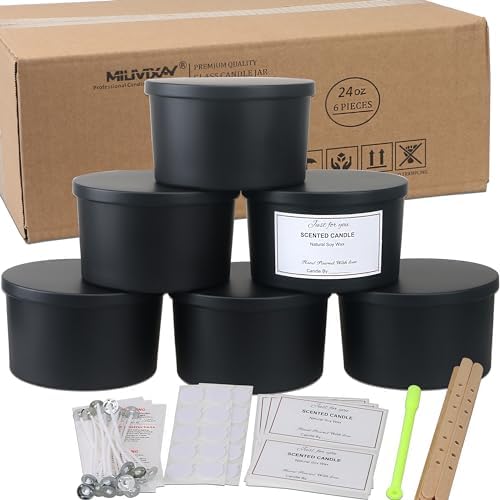 MILIVIXAY 6 Pack 24 oz Candle Jars with Metal Lids and Candle Making Kits - 3 Wick Candle Jars, Bulk Matte Black Thick Glass Containers for Large Candles - Spice, Powder Container. by MILIVIXAY