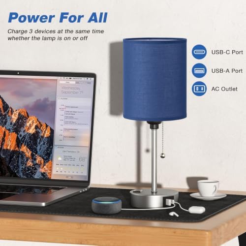 Blue Bedside Table Lamp for Bedroom, Desk Lamp with USB Ports for Dorm - Image 5