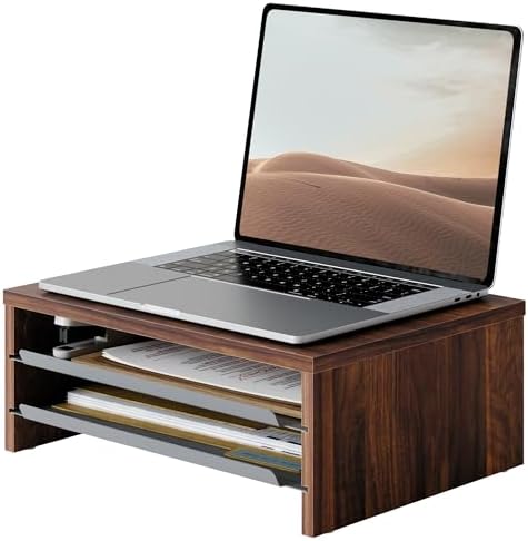 Fenge 14.3-Inch Monitor Stand with Slide-Out Trays, Wood & Metal Desk Shelf by Fenge