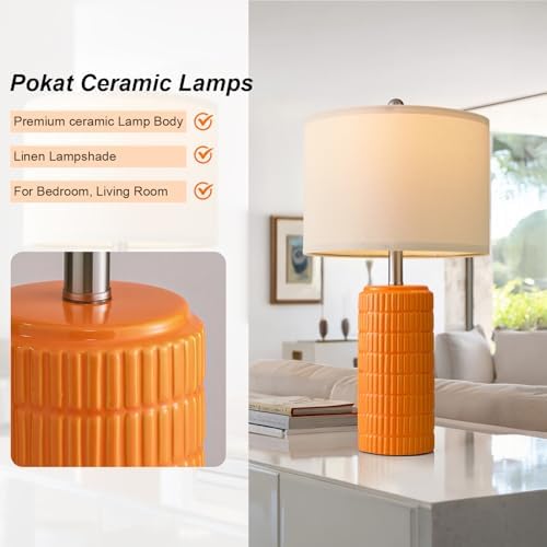 PoKat 23" Orange Table Lamps Decor for Living Room Set of 2, Modern Living Room Lamps for End Table, Ceramic Table Lamps for Bedroom, Contemporary Nightstand Lamps for Home Bedroom Decor - Image 4