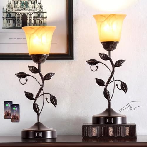 Set of 2 Touch Vintage Bedroom Leaf Table Lamps with 2 USB Ports by RORIANO