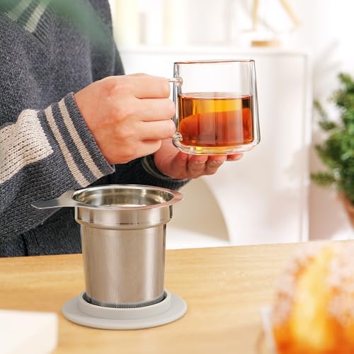 CNGLASS 12oz Double Walled Glass Tea Cup with Stainless Steel Infuser and Lid,Borosilicate Glass Tea Infuser Mug for Loose Tea,Teabag,Set of 1 - Image 6