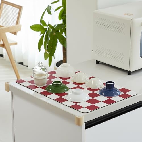 Ohocut Checkered Dish Drying Mat for Kitchen Counter, Coffee Bar Station Accessories, Retro Cute Aesthetic Modern Absorbent Drainer Mat Kitchen Drying Mat Easy Clean (Red, 24" x 16") - Image 3