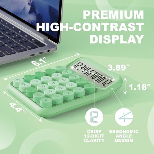 CATIGA Mechanical Switch Calculator, Green Calculator with 12 Digit Large LCD Display & Big Buttons for Office Desk, Classroom Math, Back to School Supplies, Cute Aesthetic Desk Accessories - Image 2